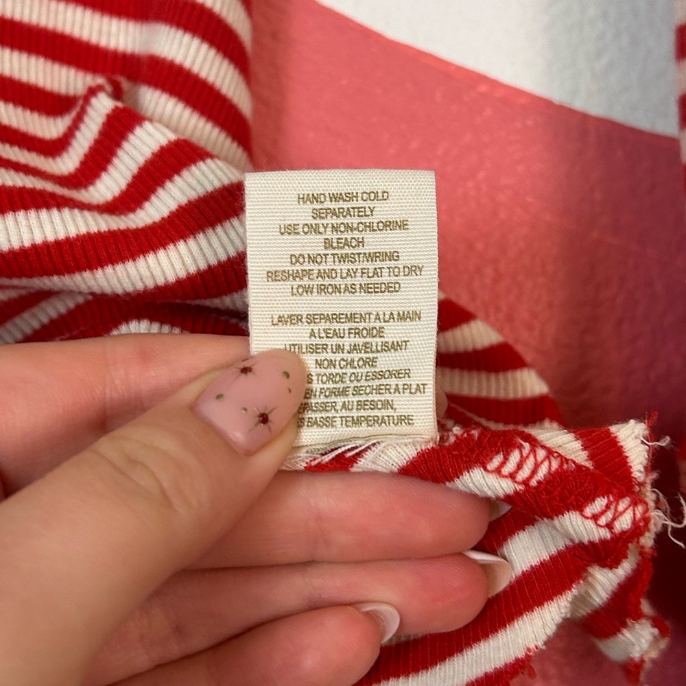 Free People Raw Hem Red and White Stripe Fit and Flare Cuffed Long Sleeve Top - Picture 6 of 6